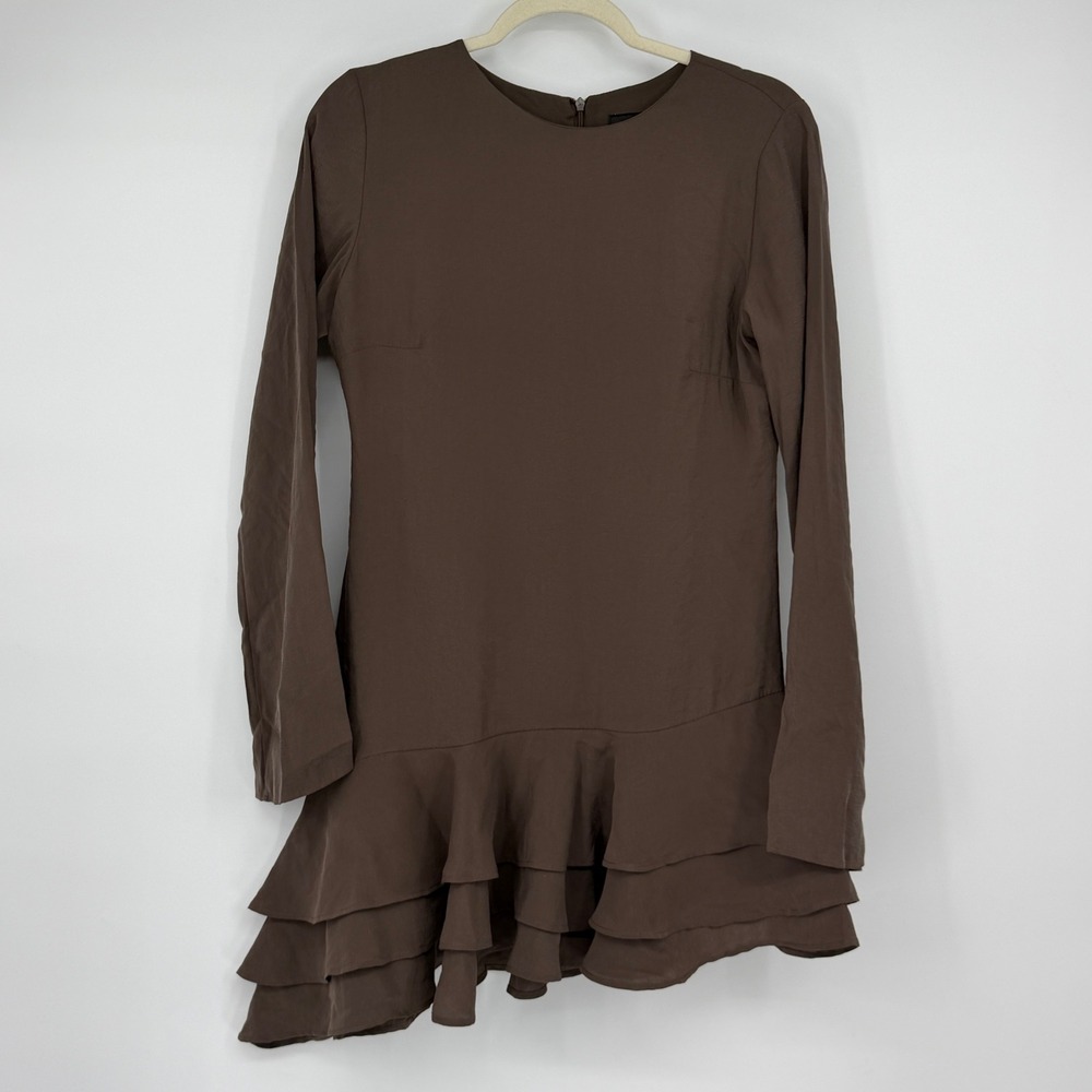 Zara NWT Brown Modal Blend Asymmetric Ruffle Hem Mini Dress M Long Sleeve